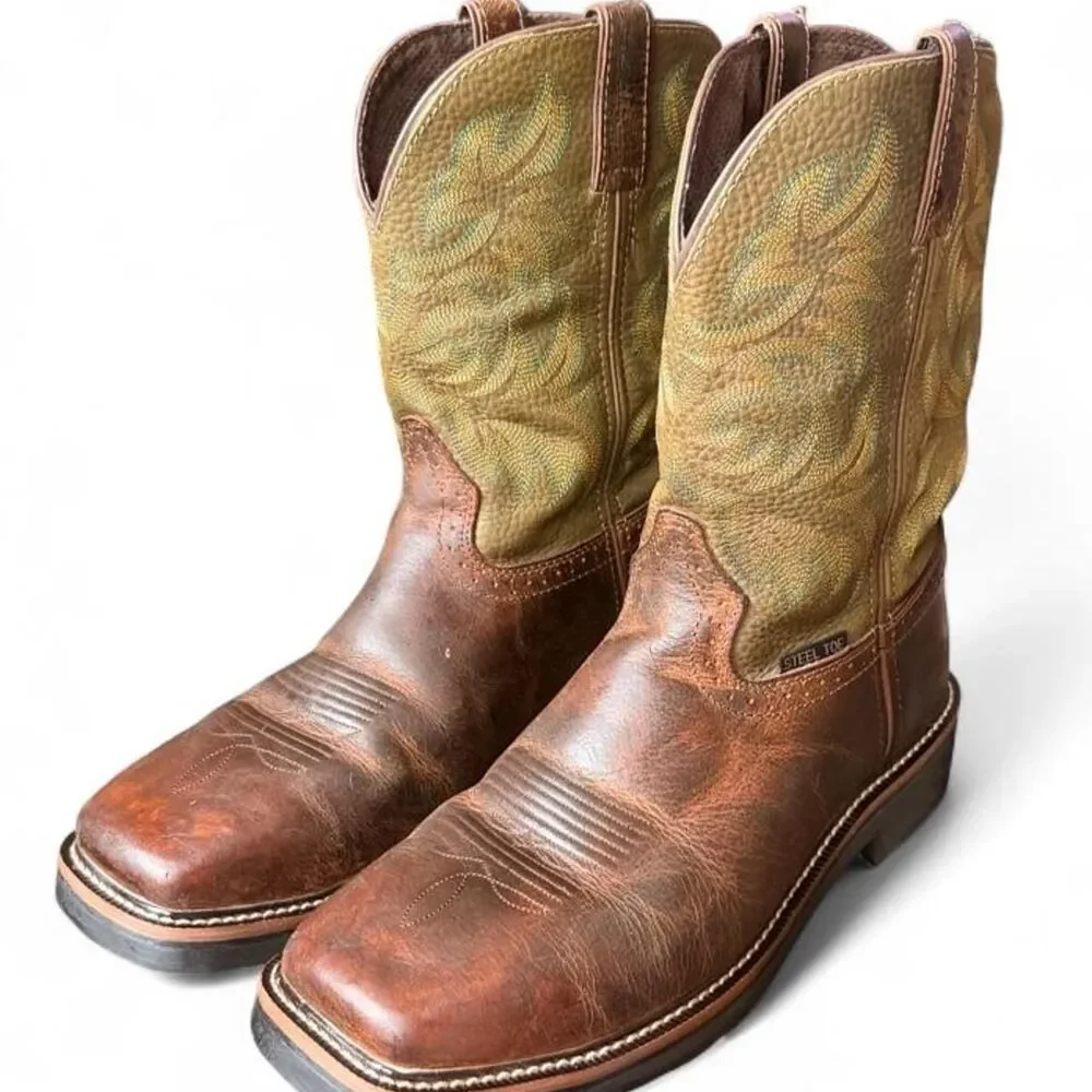 Justin Steel Toe Western Work Boots Men’s 12EE Brown Leather Wide Oil Resistant